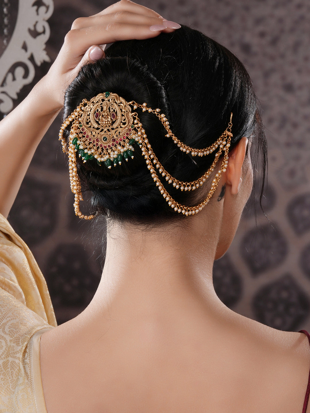 Gold Finish Red  Kempo Studded Goddess Lakshmi  Design Temple Jadai Billa Bridal Hair Braid Matha Patti